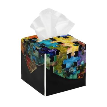 Imagem de Porta-lenços de couro quadrado à prova d'água amor autismo colorido organizador de papel facial com cinto inferior cubo estojo de lenços para mesa, banheiro, escritório, mesa, carro, decorativo