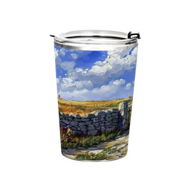 Imagem de Blueangle Copo de 340 g com tampa e canudo, copo de café com água isolada a vácuo de aço inoxidável, caneca de viagem doméstica camponesa copo térmico para bebidas quentes e frias (666)