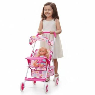 Imagem de Carrinho de Passeio para Boneca Infantil, Rosa e Branco com Estampa de Bolinhas, Estrutura em Metal, Dobrável, Brinquedo para Crianças