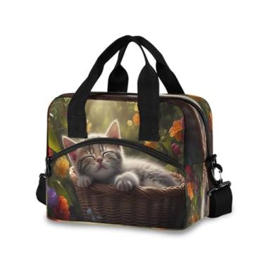 Imagem de STAYTOP Lancheira isolada para mulheres e homens, lancheira à prova de vazamento, lancheira com alça de ombro ajustável para piquenique, trabalho, escola, gato fofo na cesta de flores