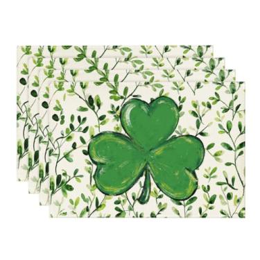 Imagem de Artoid Mode Jogo americano Green Leaves Shamrocks do Dia de São Patrício, conjunto com 4, tapetes de mesa irlandeses sortudos de 30 x 45 cm para decoração de festa, cozinha, jantar