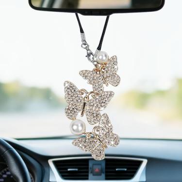 Imagem de Hbxdeco Acessórios femininos para pendurar no carro com diamante de borboleta brilhante, enfeite de pendurar espelho retrovisor de borboleta, pingentes de carro da sorte de strass de cristal, presente