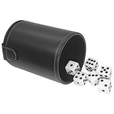 Imagem de Black PU Leather Dice Cup with Storage Compartment, Black Premium Felt Lining, Plus (6) 16mm D6 White Dice Squared Corners