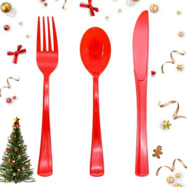 Imagem de Pacote com 150 talheres de plástico vermelho, utensílios de plástico vermelho, talheres descartáveis resistentes, 50 garfos, 50 colheres, 50 facas para aniversário, festa de formatura, dia da