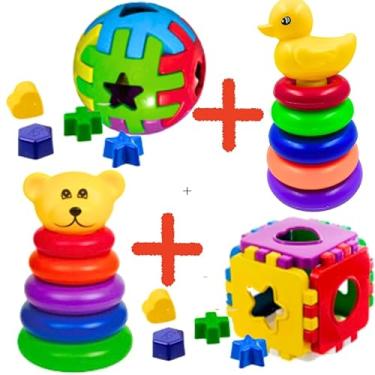 Imagem de Kit de Brinquedos Educativos para Bebês, Inclui Bola de Encaixe, Argolas Empilháveis com Patinho e Urso, Cubo de Formas, Colorido, Desenvolvimento de Coordenação Motora