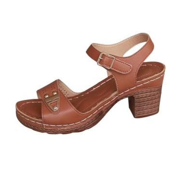 Imagem de Sandália feminina de salto grosso com fivela oca e boca de peixe para primavera e verão, Marrom, 35
