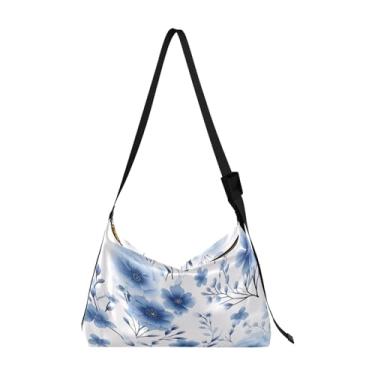 Imagem de Bolsa de ombro floral em couro escuro com zíper, bolsa de ombro feminina Hobo, bolsa de ombro transversal de couro, Linda flor azul em branco-2, One Size