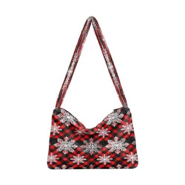 Imagem de Bolsa de ombro feminina vermelha com flocos de neve dourados, bolsa de mão para mulheres, bolsas de outono, Flocos de neve de inverno xadrez vermelho - 3, One Size