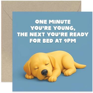 Imagem de Cartão de aniversário de cachorro engraçado para ele, ela, mulheres, homens, irmão, irmã, amigo, 30s, 40 anos - "One Minute You're Young - Bed By 9pm" - quadrado, em branco por dentro com envelope