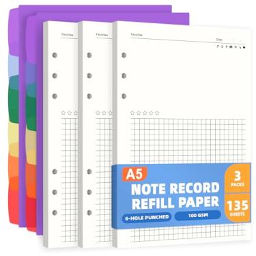 Imagem de Antner Refil de papel A5 para fichário A5 com 6 argolas, 135 folhas, 6 furos, refis de folhas soltas em branco e quadriculado com divisórias de fichário para cadernos, diários e cadernos de esboços