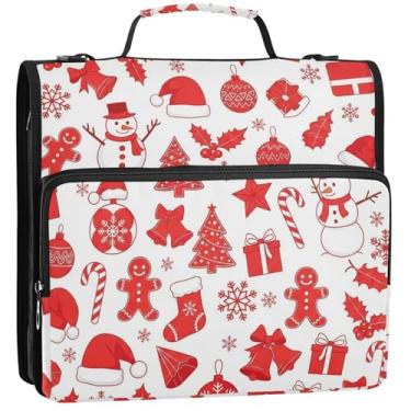 Imagem de Organizador de fichário com zíper Ícones vermelhos de Natal, 3 fichários de 3,8 cm, bolsa para fichários escolares de trabalho com alça de ombro, portfólio e estojo para pasta de anel, 34,5 x 31,5 x 9