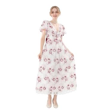 Imagem de LSYYSKB Vestido feminino regency vitoriano, vintage, vestido de baile, com cadarço, longo, branco, com luvas de casamento, Vinho tinto, G
