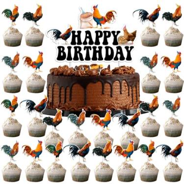 Imagem de 25 peças de topo de bolo de galo, 1 peça de topo de bolo de feliz aniversário com tema de galo, 24 peças de topo de cupcake de tema de galo, suprimentos de festa de aniversário de quintal de fazenda