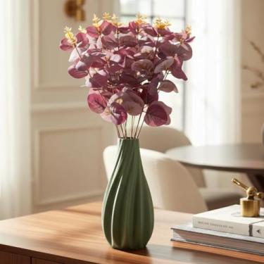 Imagem de Arranjo de Eucalipto Vermelho Artificial 45cm com Vaso Ondulado – Decoração Sofisticada para Casa e Escritório (Verde)