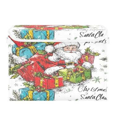 Imagem de SEHANY Linda caixa de armazenamento de Papai Noel de Natal com tampas e alças, organizador de cestas de armazenamento de tecido dobrável, caixas de armazenamento de cubos grandes para roupas, cobertor