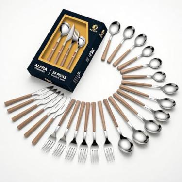 Imagem de Faqueiro 24 Peças Aço Inox: 6 Facas, 6 Garfos, 6 Colheres, 6 Colheres, Sobremesa com Cabo Madeira Orgânica - Presente Elegante para Casa/Restaurante