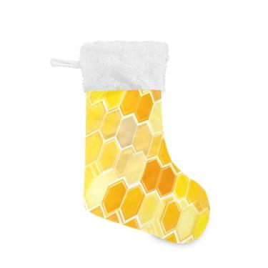 Imagem de ATTX Meias de Natal com azulejos hexagonais amarelos, suportes de presente brancos de pelúcia para decorações de festas de fim de ano (17,7 polegadas, 1 pacote) #206