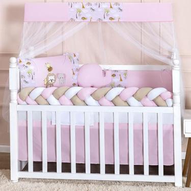 Imagem de Kit Berço Americano Trança 11 Peças Para Bebê Menina Safari Rosa Giraf