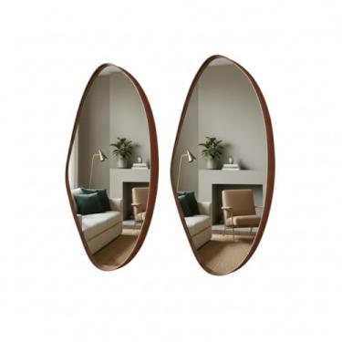 Imagem de Kit 2 Espelhos Decorativos Ovais Orgânicos com Moldura em Couro Caramelo, Acabamento Premium para Sala e Hall