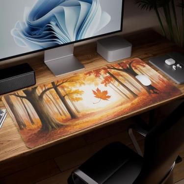 Imagem de Tapete de mesa de couro floresta, mouse pad de arte colorida grande teclado de computador para jogos mousepad à prova d'água protetor e capa de mesa, tapete de mouse decorativo de couro PU para laptop