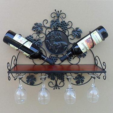 Imagem de Suporte vintage para copos de vinho montado na parede, suporte de taças de ferro comporta 2 garrafas e 4 copos, rack de vinho com prateleira 40 cm × 15 cm × 20 cm (Bronze, branco, preto)