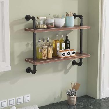 Imagem de Prateleira de armazenamento rústica para decoração de parede, prateleiras flutuantes para cozinha e especiarias, expositor de parede de madeira + ferro, prateleira de vinho, suporte de plantas para