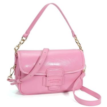 Imagem de Chinllo Bolsa transversal feminina com aba, bolsas de couro vegano com alça superior e alça ajustável, Verniz rosa, Small