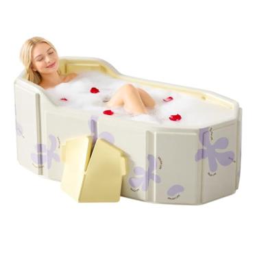 Imagem de HLCZLUZ Banheira dobrável portátil, banheira independente sem instalação, banheira de imersão de spa de banheiro, box de chuveiro dobrável banheira quente e de gelo (roxo, 128 cm C x 55 cm L x 40 cm A