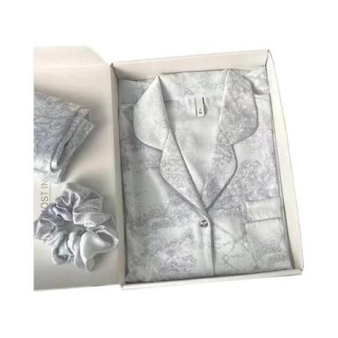 Imagem de Conjunto De Pijama De Seda Gelada Feminino Com Cardigan De Botão E Lap
