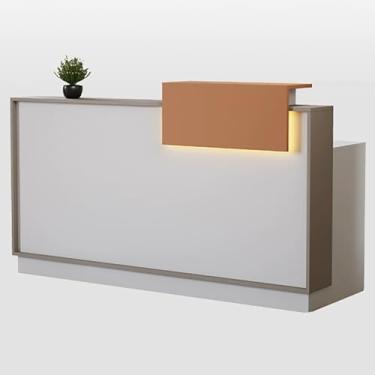 Imagem de Mesa de recepção moderna com luz LED com bandeja de teclado e gaveta com trava - elegante mesa de balcão de varejo para salão de beleza, loja ou escritório (branca, 120 x 50 x 100 cm)