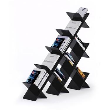 Imagem de CFGH6FDF Estante de livros criativa acrílica, prateleira de chão em forma, prateleira de exibição de revistas de sala de estar multicamadas, prateleira de armazenamento transparente para decoração