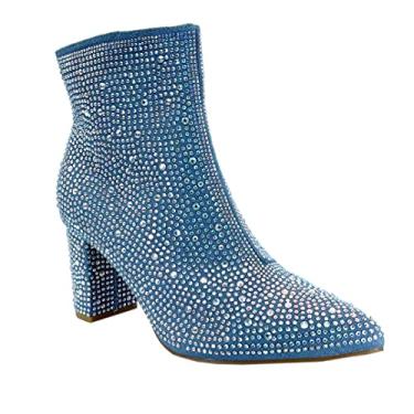 Imagem de ABSOLEX Bota feminina bico fino com strass e salto médio, Jeans azul, 6