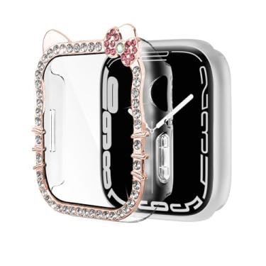 Imagem de Capa de desenho animado de gato com strass compatível com Apple Watch 11/10/9/8/7/6/5/4/SE, capa protetora transparente para séries 40 mm, 41 mm, 42 mm, 44 mm, 45 mm, 46 mm, feminino (rosa rosa, série