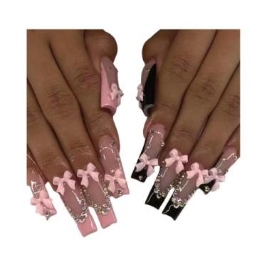 Imagem de Unhas Postiças Brancas Longas Com Pontas Francesas 24PCS Com Laço Rosa