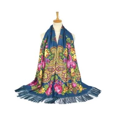 Imagem de Lenço Estampado Floral Estilo Russo Feminino Retrô Com Franjas Xale Uc