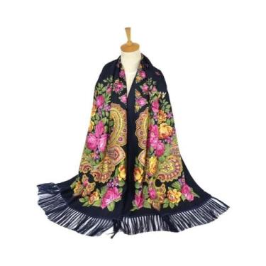Imagem de Lenço Estampado Floral Estilo Russo Feminino Retrô Com Franjas Xale Uc