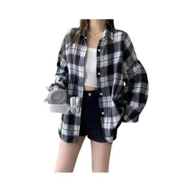 Imagem de Camisa Jaqueta Xadrez Tartan Oversized Feminina Manga Longa Com Botões