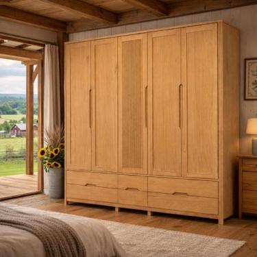 Imagem de Guarda Roupa Armário 5 Portas Madeira Maciça Natural Marrom - La Casa 
