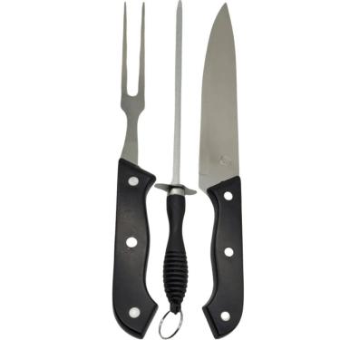 Imagem de Kit Churrasco 3 Peças Modelo 5966 para Preparo de Carnes em Aço Inox e PVC com Faca Gar...