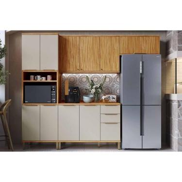 Imagem de Cozinha Completa Modulada Sauvignon 10 Portas 3 Gavetas MDF 190CM Amêndoa Off White com 2 Armários Aéreos, 1 Balcão e 1