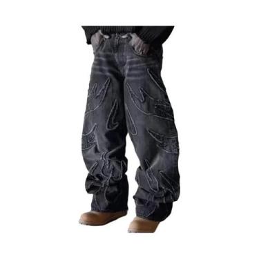 Imagem de Calças Jeans Baggy Y2K Masculinas Com Bordado E Corte Cru, Cintura Alt