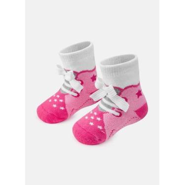 Imagem de Meia Soquete Antiderrapante Bebê Menina com Aplique Laço Rosa 0 a 12 M