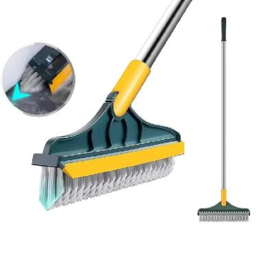 Imagem de Escova de Limpeza 2 em 1 com Rodo Silicone Cabo Extensível Inox Cabeça Triangular para Piso Vidro Azulejo Banheiro Yeet