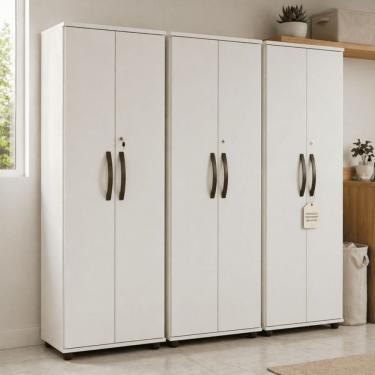 Imagem de Kit 3 Armários Multiuso Caio 2 Portas 4 Prateleiras MDF-MDP 60cm Branco com Chave Caio...