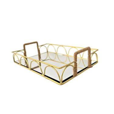 Imagem de Bandeja Decorativa Organizadora Alças Sisal Metal e Espelho Fundo Forrado 6.50cm X 18.50cm X 27.50cm