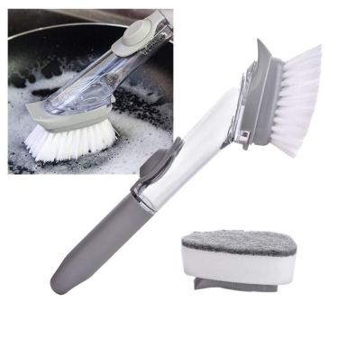 Imagem de Escova de Limpeza Lava Louça Automática 4 em 1 com Dispenser de Detergente Cabeças Intercambiáveis para Cozinha Cinza