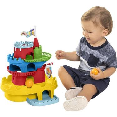 Imagem de Brinquedo Educativo Monta Castelo com Blocos 10 Peças Empilháveis e Tobogã de Quatro Andares