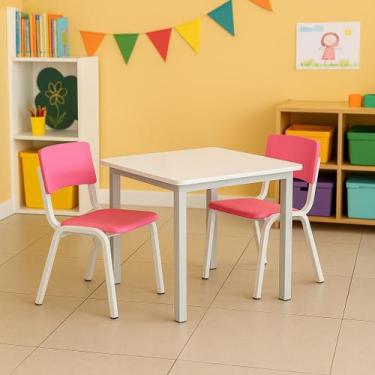 Imagem de Jogo de Mesa Infantil Com 2 Cadeiras Escolar Creche Atividades Rosa - 