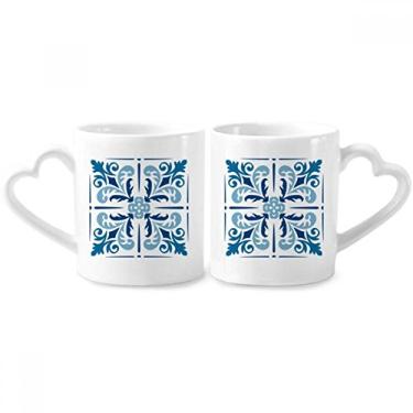 Imagem de Conjunto de canecas de porcelana para casal, decoração de flores, azul marrocos, coração