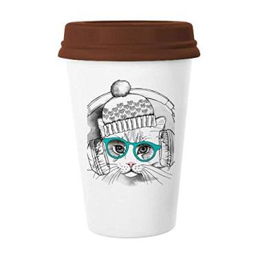Imagem de Fone de ouvido chapéu de lã branco proteção de gato caneca de café copo cerâmica copo tampa de cerâmica